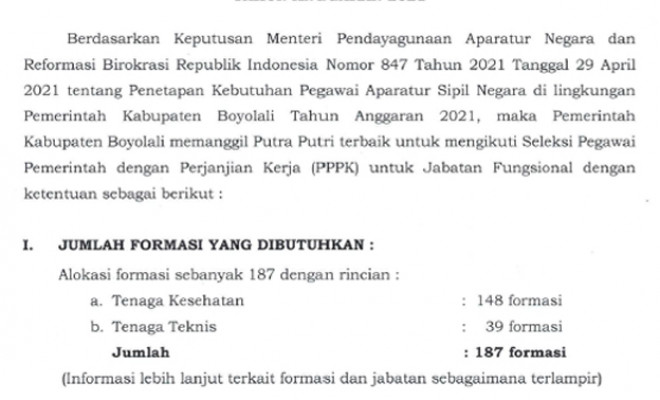 PENGUMUMAN PENGADAAN PPPK UNTUK JABATAN FUNGSIONAL KABUPATEN BOYOLALI TAHUN 2021